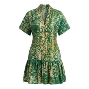 Green & Gold Adire Mini Dress – Flared V-Neck