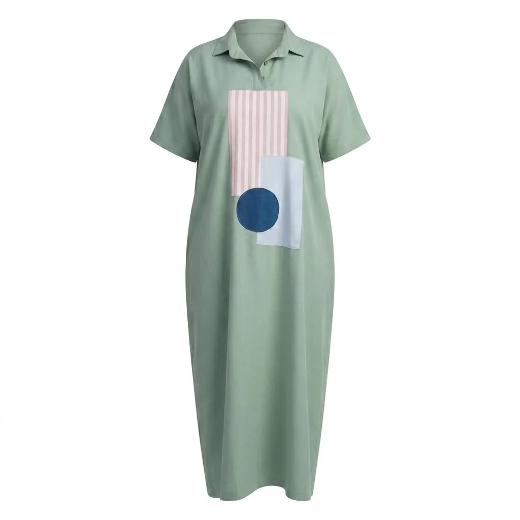Sage Green Polo Maxi Dress – Abstract Geometric Patchwork