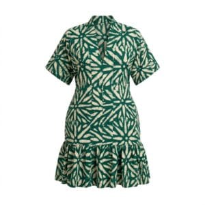 Emerald Green Geometric Adire Mini Dress – Flared V-Neck