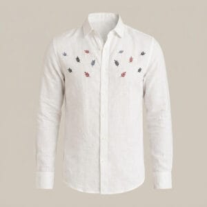 Men's Embroidered White Linen Long Sleeve Shirt