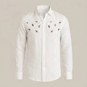 Men's Embroidered White Linen Long Sleeve Shirt