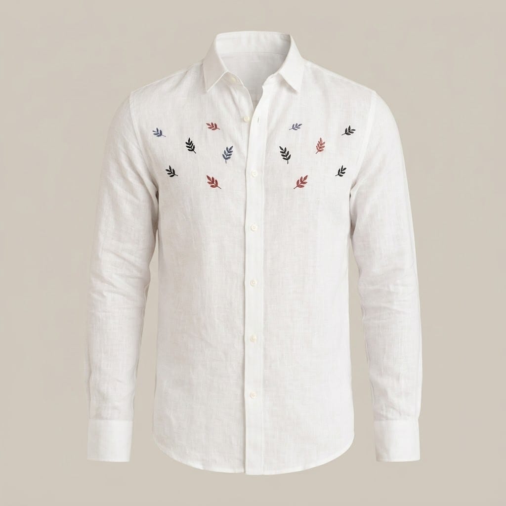Men's Embroidered White Linen Long Sleeve Shirt