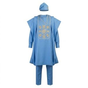 Premium Light Blue Men's Agbada Set with Gold Embroidery