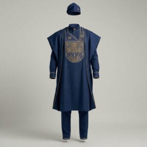 Navy Blue Men's Agbada Set with Intricate Gold Embroidery