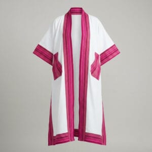 Women's Luxury Full-Length Kimono Jacket with Striped Artisanal Borders