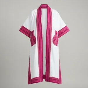 Women's Luxury Full-Length Kimono Jacket with Striped Artisanal Borders