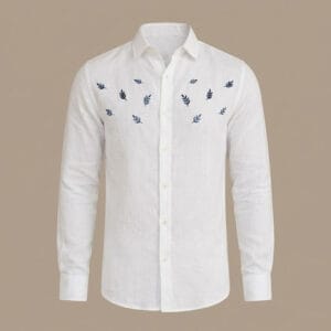 White Linen Long-Sleeve Shirt with Navy Blue Leaf Embroidery