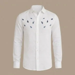 White Linen Long-Sleeve Shirt with Navy Blue Leaf Embroidery