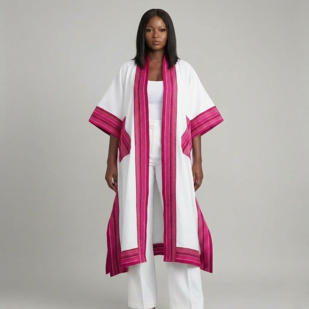 Women's Luxury Full-Length Kimono Jacket with Striped Artisanal Borders - Image 2