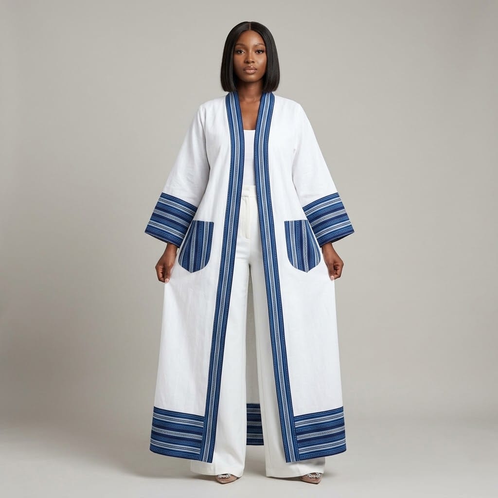 Women's Luxury Full-Length Kimono Jacket with Striped Artisanal Borders - Image 4