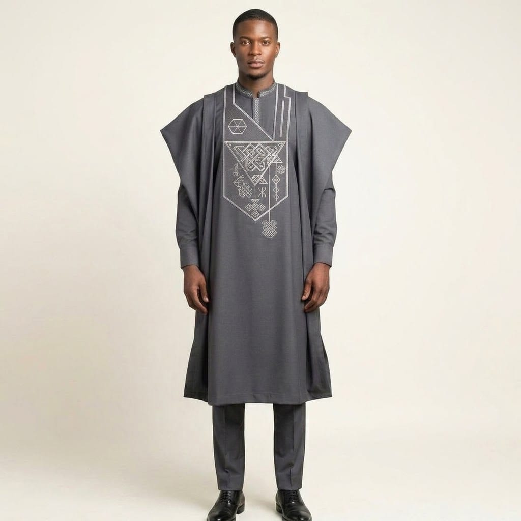 Slate Grey Men's Agbada Set with Silver Geometric Embroidery - Image 2