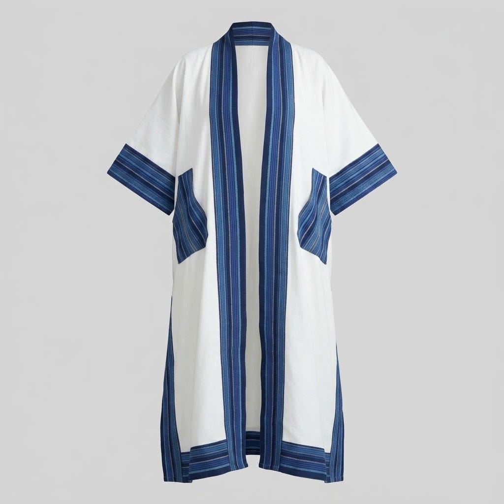 Women's Luxury Full-Length Kimono Jacket with Striped Artisanal Borders - Image 3