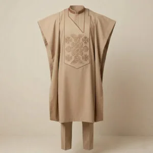 Beige Men's Agbada Set with Earth-Tone Celtic Knot Embroidery