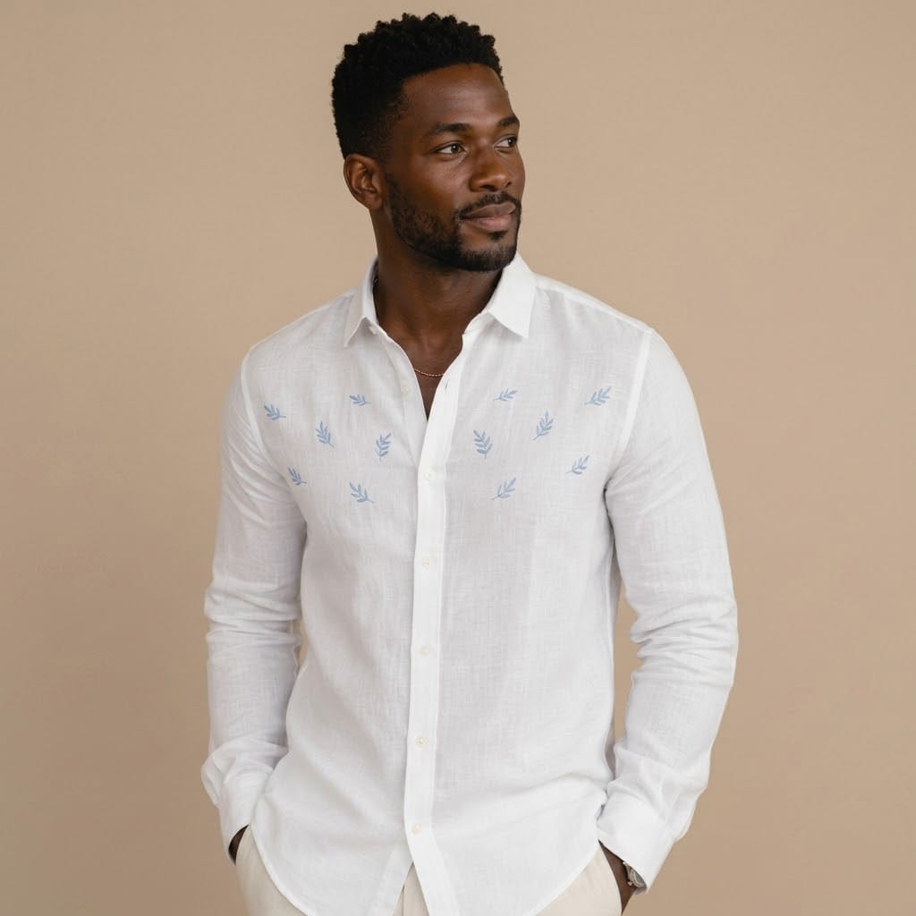 White Linen Long-Sleeve with Light Blue Leaf Embroidery - Image 2