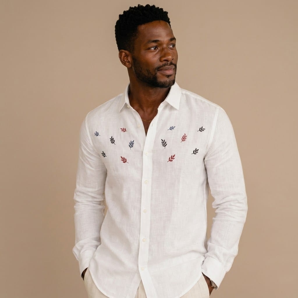Men's Embroidered White Linen Long Sleeve Shirt - Image 2