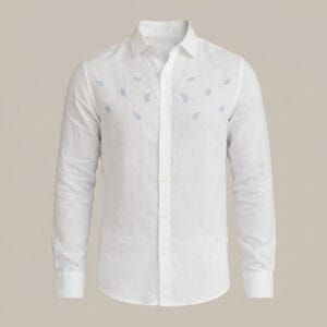White Linen Long-Sleeve with Light Blue Leaf Embroidery