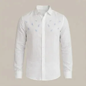 White Linen Long-Sleeve with Light Blue Leaf Embroidery