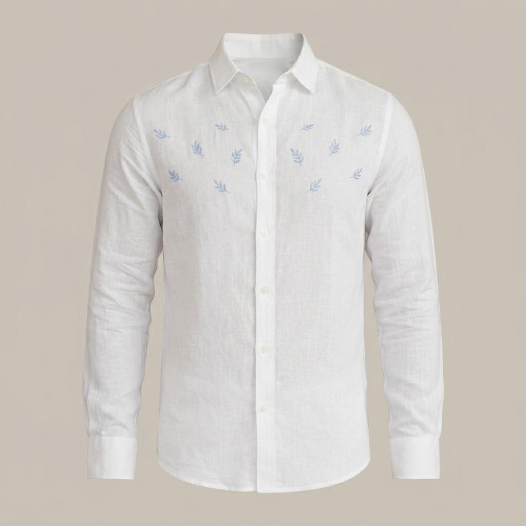 White Linen Long-Sleeve with Light Blue Leaf Embroidery