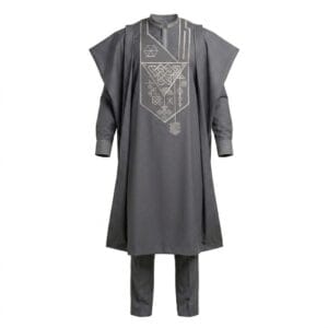 Slate Grey Men's Agbada Set with Silver Geometric Embroidery