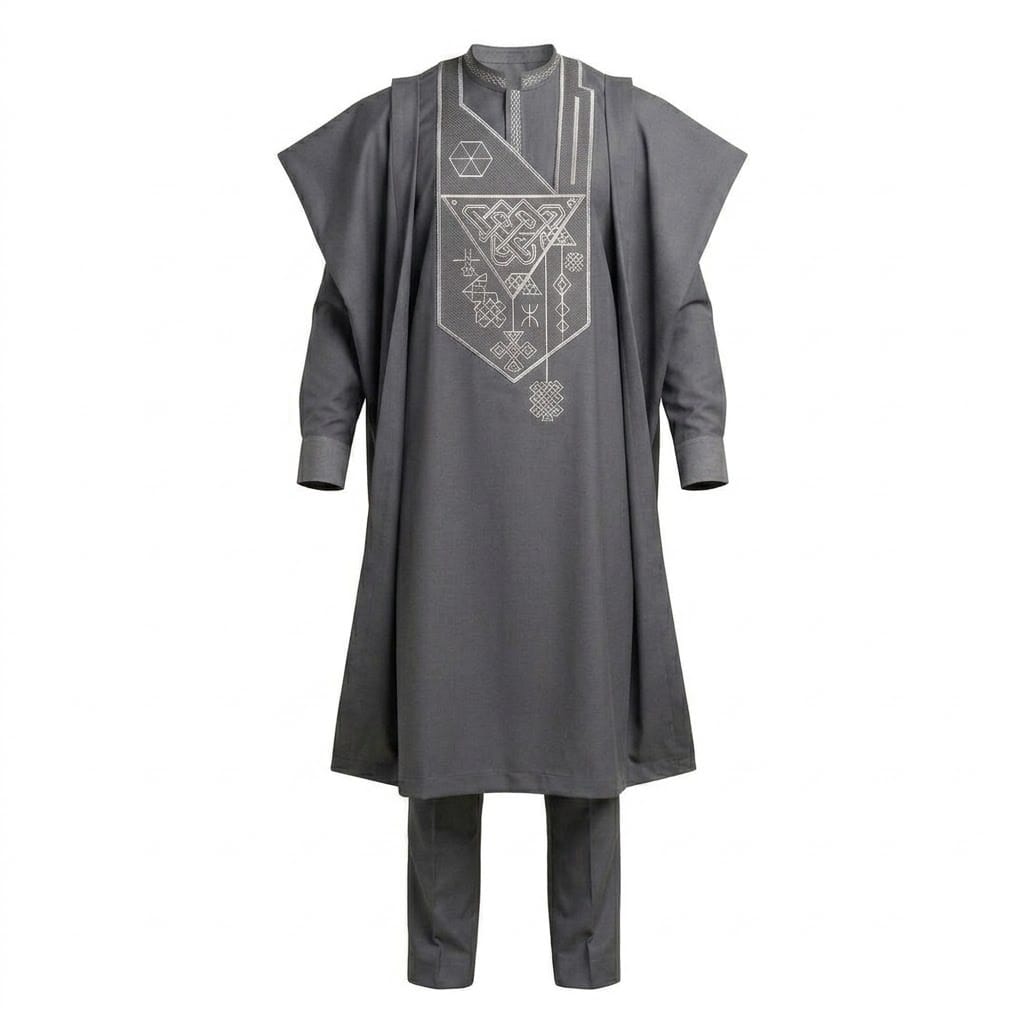 Slate Grey Men's Agbada Set with Silver Geometric Embroidery