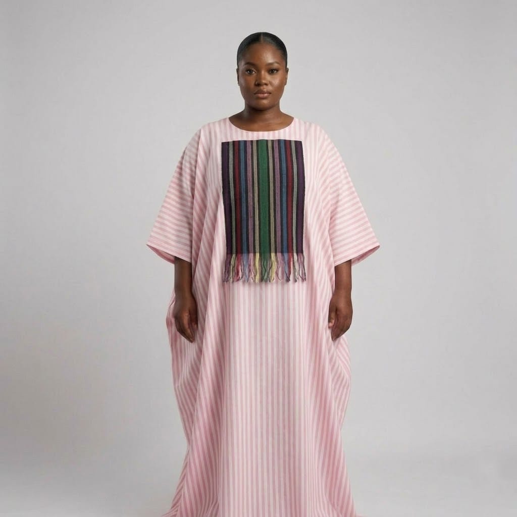Luxury Pink Striped Oversized Boubou Dress with Fringed Accent Panel - Image 2