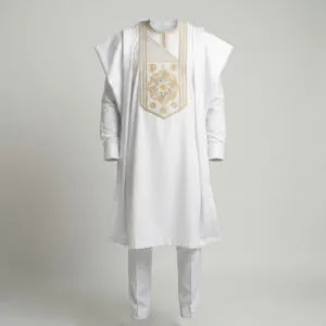 White Men's Agbada Set with Luxurious Gold Star Embroidery