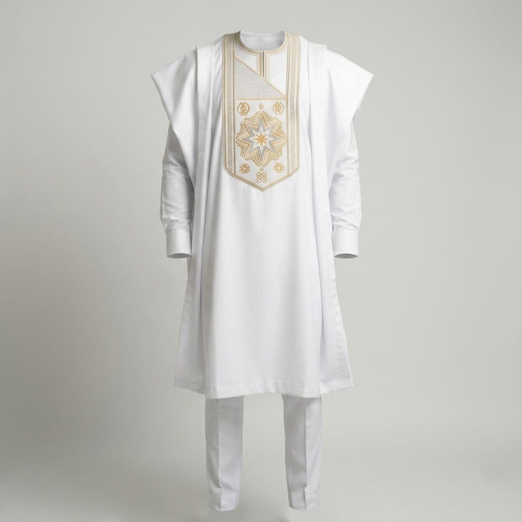 White Men's Agbada Set with Luxurious Gold Star Embroidery