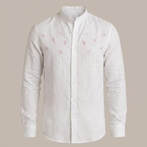 White Linen Mandarin Collar Shirt with Pink Leaf Embroidery