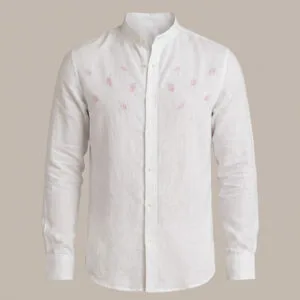 White Linen Mandarin Collar Shirt with Pink Leaf Embroidery