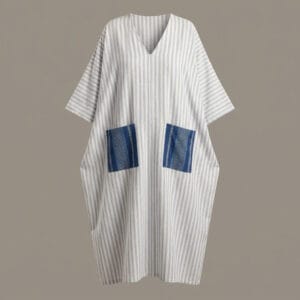 Luxury Blue Striped Boubou Dress with Woken Pocket Accents