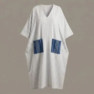 Luxury Blue Striped Boubou Dress with Woken Pocket Accents