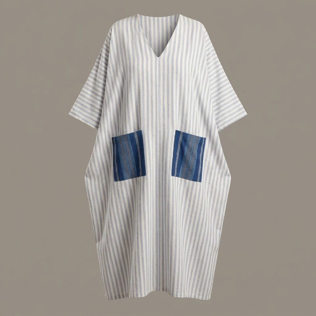 Luxury Blue Striped Boubou Dress with Woken Pocket Accents