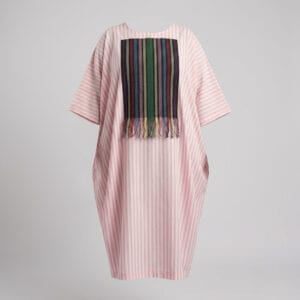Luxury Pink Striped Oversized Boubou Dress with Fringed Accent Panel