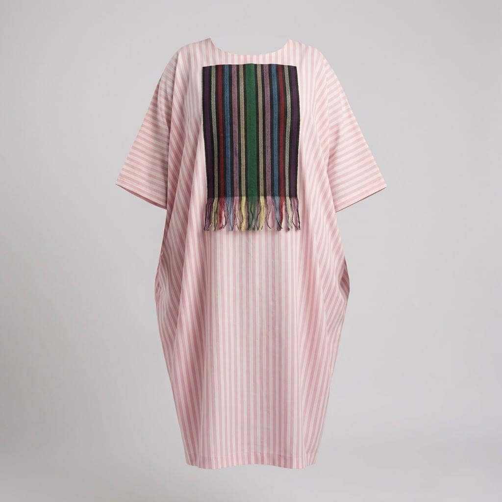 Luxury Pink Striped Oversized Boubou Dress with Fringed Accent Panel