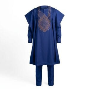 Premium Royal Blue Men's Agbada Set with Geometric Bronze Embroidery