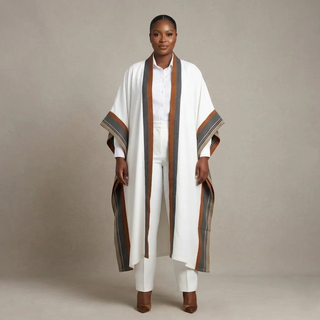 Women's Premium Draped Full-Length Kimono Cape with Woven Striped Borders - Image 2
